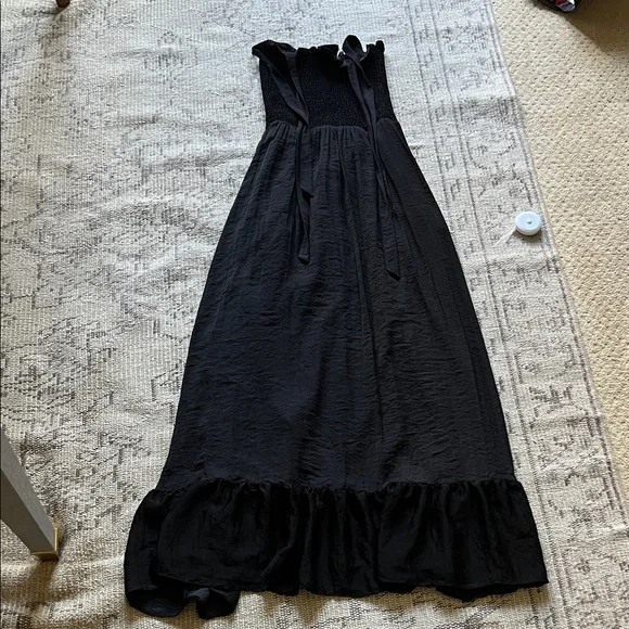 Black Smocked Luxe Silky Tie-Shoulder Maxi Dress - - Picture 2 of 6